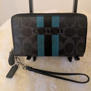 Coach Signature Varsity Stripe Zip Around Wallet Wristlet Black Teal Cell Clutch